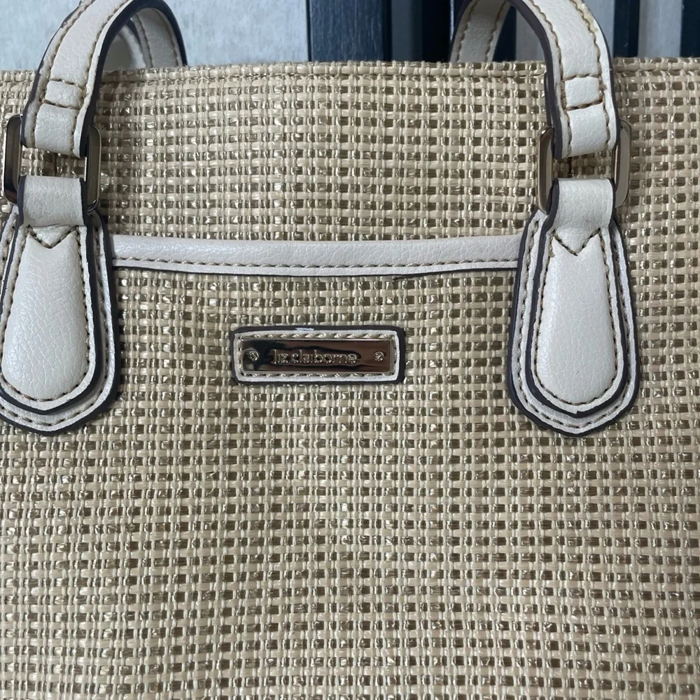 VTG Liz  Claiborne Woven Straw Pattern Purse Shoulder Bag Faux Trim